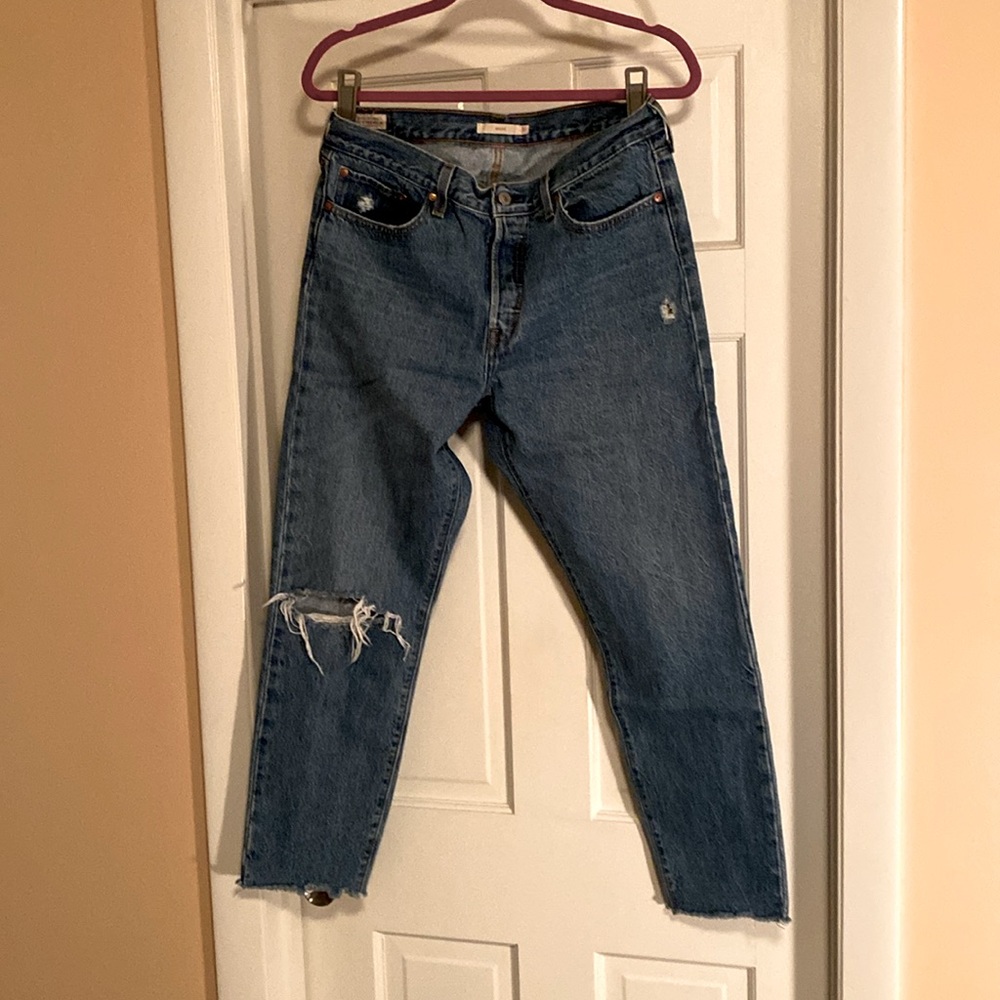 Levi’s wedgie destructed jeans blue ripped raw ham high rise women’s siz…
